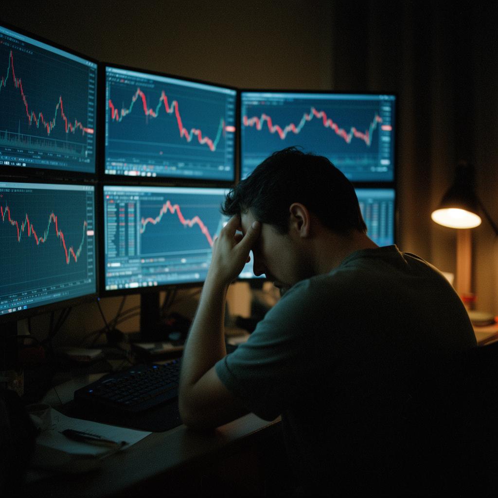 Trader sitzt erschöpft vor mehreren Monitoren mit roten Charts